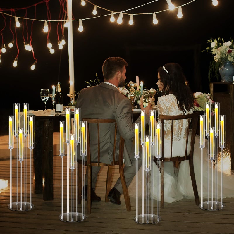 Tandefio 4 Sets 35'' Tall LED Candelabra Centerpiec, 5 Arm Clear Acrylic Candle Stands with Shades and 20 Flameless LED Candles, Candlestick Holder for Floor Table Fireplace Dinner Party Wedding Decor - Image 2