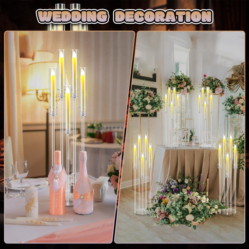 Tandefio 4 Sets 35'' Tall LED Candelabra Centerpiec, 5 Arm Clear Acrylic Candle Stands with Shades and 20 Flameless LED Candles, Candlestick Holder for Floor Table Fireplace Dinner Party Wedding Decor - Image 5