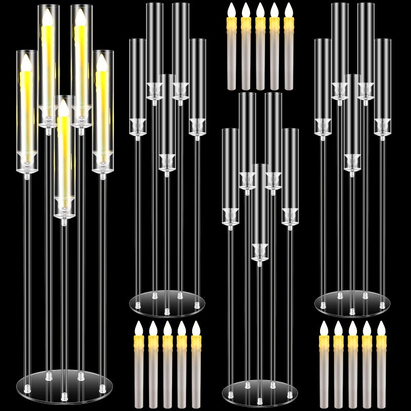 Tandefio 4 Sets 35'' Tall LED Candelabra Centerpiec, 5 Arm Clear Acrylic Candle Stands with Shades and 20 Flameless LED Candles, Candlestick Holder for Floor Table Fireplace Dinner Party Wedding Decor - Image 1