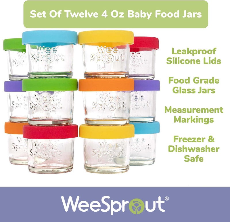 WeeSprout Glass Baby Food Storage Jars w/Lids (4 oz, 12 Pack Set) Snack, Puree, Reusable Small Containers, Breast Milk, Fridge or Freezer, Microwave & Dishwasher Safe, Essential Must Have for Infants - Image 4