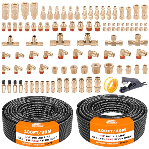 CheeMuii 100 PCS Brass DOT Air Line Fittings with 100FT 14 and 100FT 38 DOT Air Line Kit Push Lock Air Fitting Quick Connect NPT Thread Fittings with Pneumatic Tubing - Image 1
