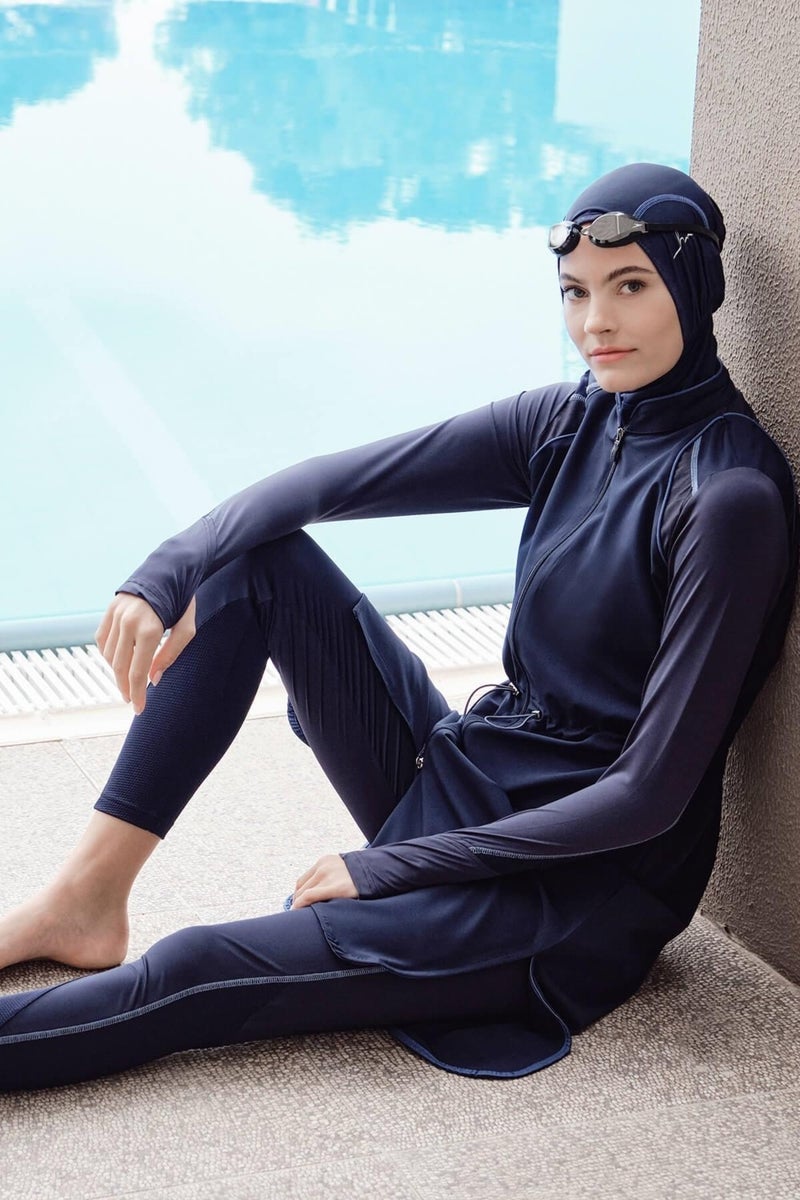 Haşema Performance Series Honeycomb Texture Detailed Navy Blue 5 Piece Hijab Swimsuit Set H-Per 50 - Image 1