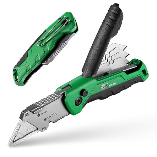 SK Folding Utility Knife with Additional Wire Cutter, Quick Change Box Cutter, Blade Storage in Handle, Extra 4 SK2M Blades Included - Image 1