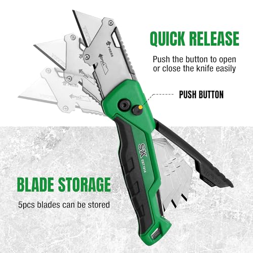 SK Folding Utility Knife with Additional Wire Cutter, Quick Change Box Cutter, Blade Storage in Handle, Extra 4 SK2M Blades Included - Image 5