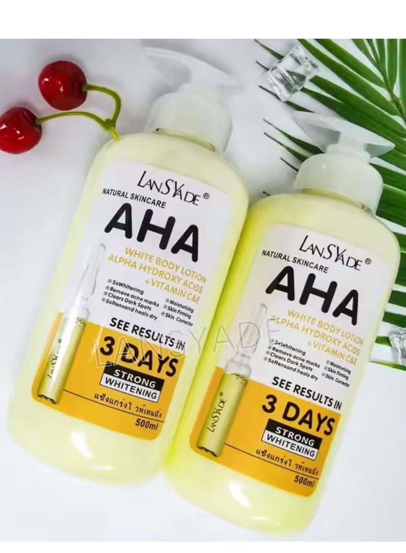 لوشن الجسم الطبيعي AHA White Body Lotion بأحماض ألفا هيدروكسي + فيتامين سي وفيتامين إي - نتائج تبييض قوية في 3 أيام - عبوة 500 مل - قطعتان