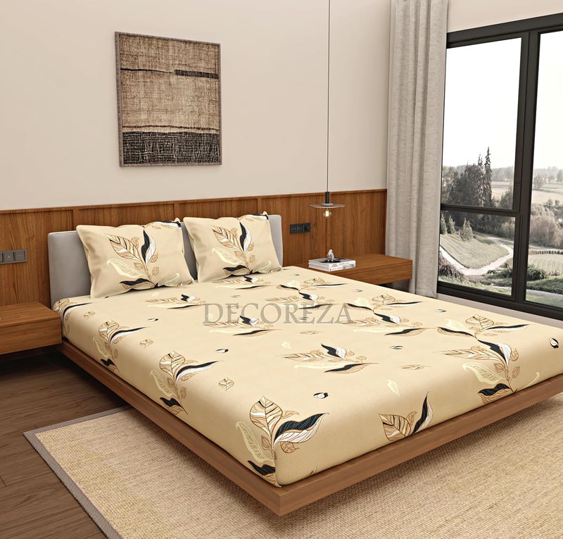 DECOREZA 350 TC Queen Size Elastic Fitted Bedsheet with Deep Pocket Cotton Feel Bed Sheet for Double Bed, Soft, Breathable & Wrinkle-Resistant, Includes 2 Pillow Covers, Size - 60"x78" Ochre Yellow - Image 1
