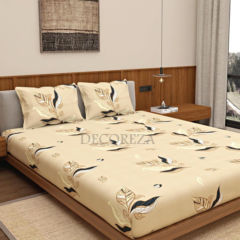 DECOREZA 350 TC Queen Size Elastic Fitted Bedsheet with Deep Pocket Cotton Feel Bed Sheet for Double Bed, Soft, Breathable & Wrinkle-Resistant, Includes 2 Pillow Covers, Size - 60"x78" Ochre Yellow - Image 3