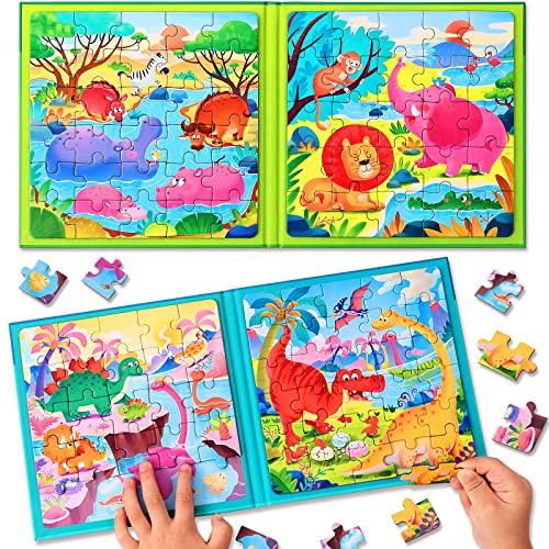 Hieoby Magnetic Puzzles for Kids Ages 35 TwoBook Set Dinosaur Animal Jigsaw Puzzle Magnet Books Travel Games Montessori Preschool Learning Activities Toddler Toys for 3 4 5 6 Year Old Boys Girls - Image 1