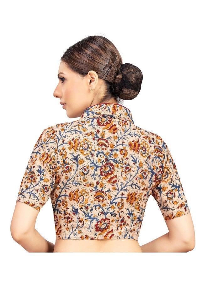 Studio Shringaar Women's Kalamkari Printed with Elbow Length Sleeves Cotton Readymade Saree Blouse (Beige, 38) - Image 2