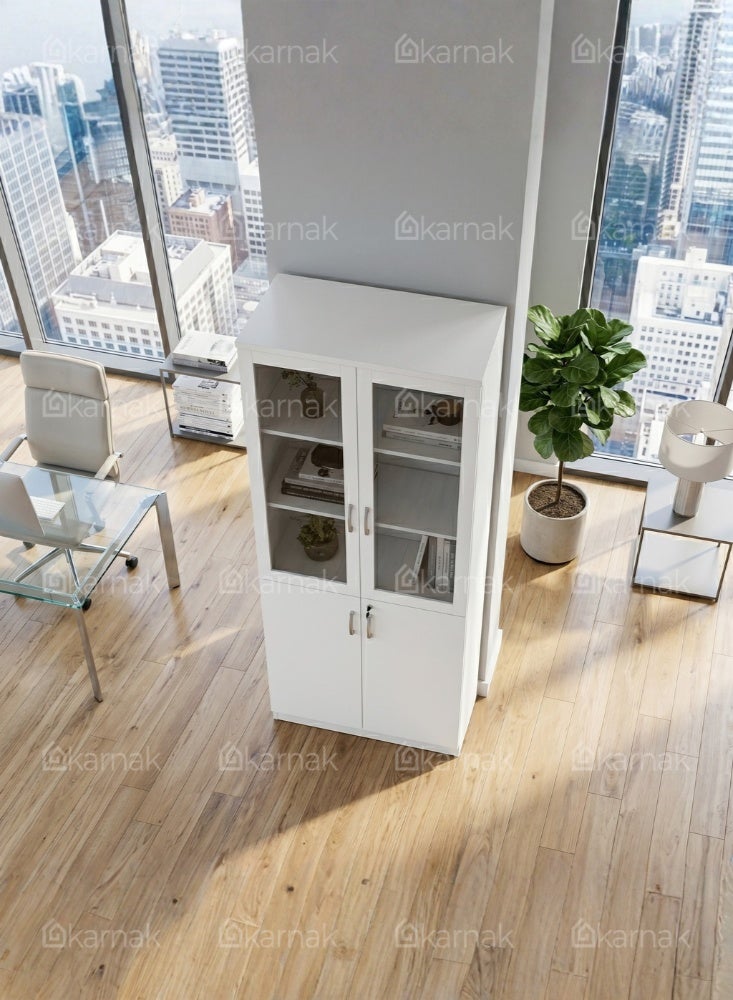 KARNAK Homezia 2-Door Glass Wooden High Cabinet by Karnak Home, Office Storage Cabinet with Glass Doors, White - Image 4