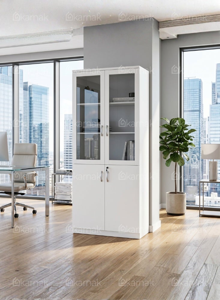 KARNAK Homezia 2-Door Glass Wooden High Cabinet by Karnak Home, Office Storage Cabinet with Glass Doors, White - Image 3