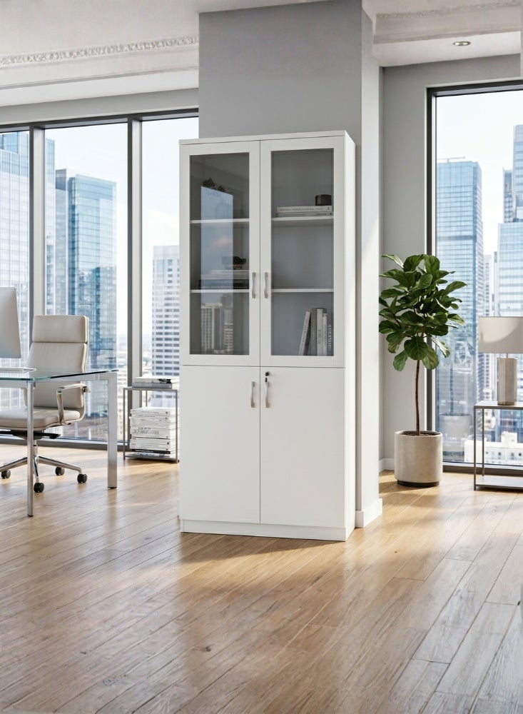 KARNAK Homezia 2-Door Glass Wooden High Cabinet by Karnak Home, Office Storage Cabinet with Glass Doors, White - Image 1