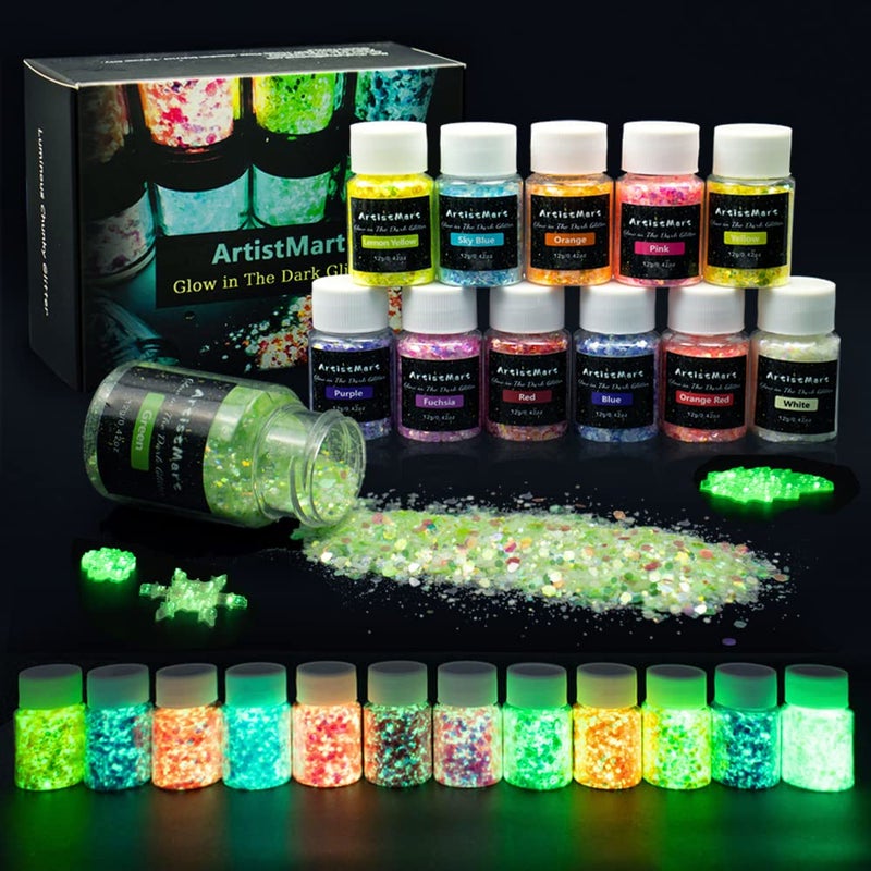 ARTISTMART Glow in The Dark Glitter 12 Colors Chunky Glitter for Tumblers High Luminous Holographic Glitters for Resin Crafts Epoxy Slime Cosmetic Grade Nail Glitter Set for Face Body Skin