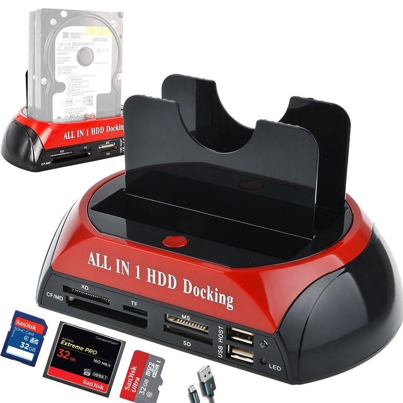 Microware محطة توصيل الأقراص الصلبة - فتحتان USB 2.0 إلى IDE SATA 2.5" 3.5" مع قارئ بطاقات SATA I II III (لا يدعم WD IED) - Image 1