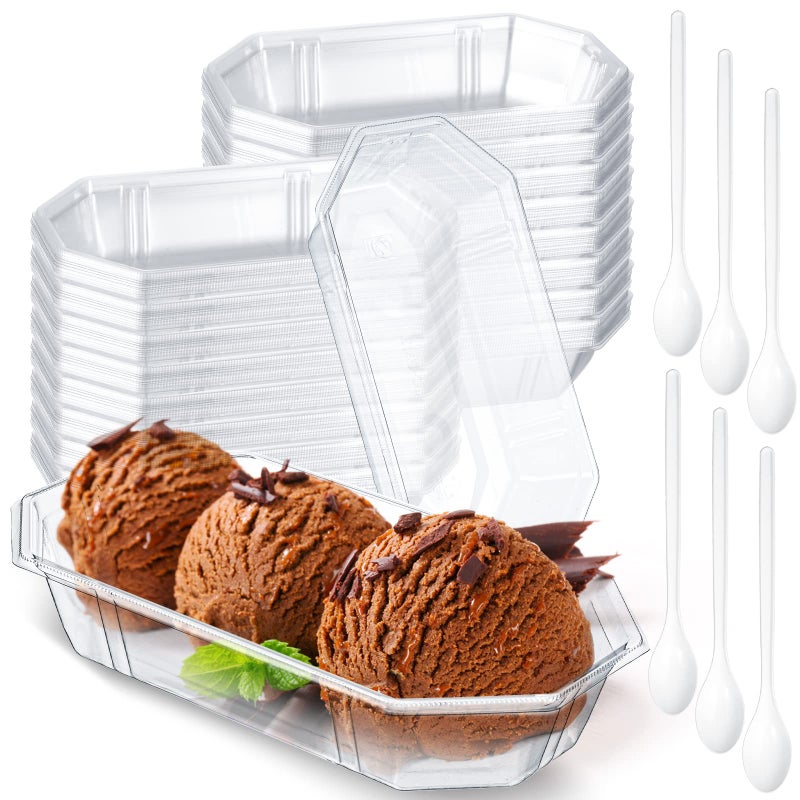 Harloon 50 Pack Banana Split Boats with 100 Pcs Plastic Spoons 12 oz Plastic Clear Disposable Ice Cream Sundae Bowls Perfect Oblong Dish Cups for Social Event Kids Birthday Party Dessert Tray