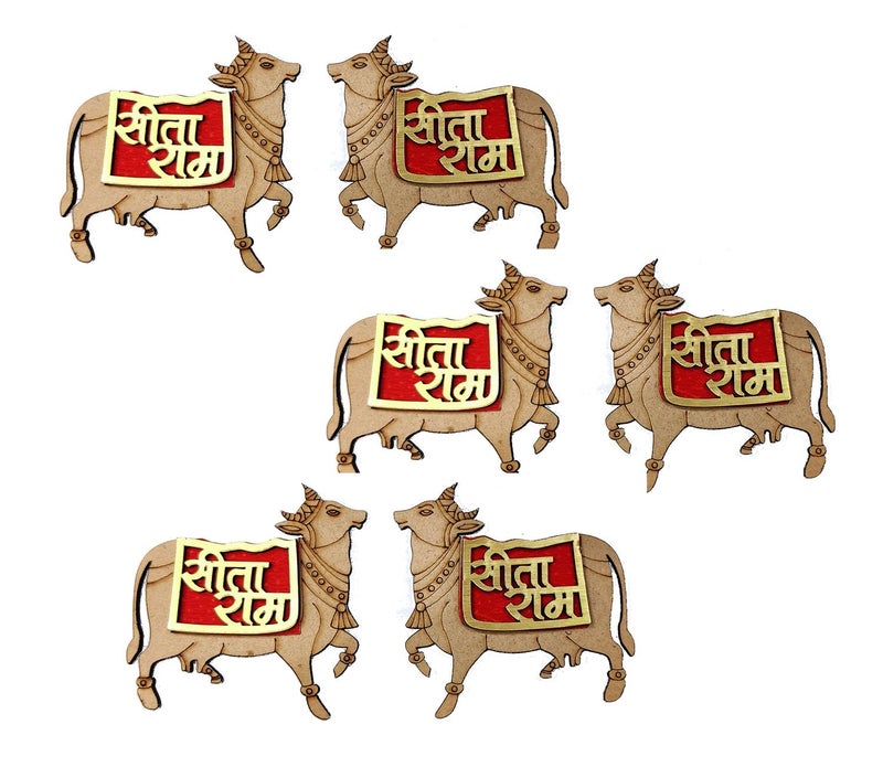 BITONA BITONA Puja Sohn Soon Puja Ram Ram Cow Wooden Tags Door Sticker Tags 3 Pairs self Stick6 Piece for Festival Specially Rakhi Diwali 6 pc - Image 1