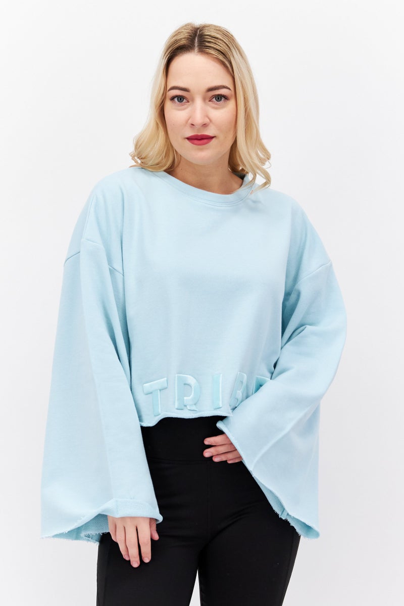 TRIBE OF 6 Women Crew Neck Long Sleeves Embroidered Logo Top, Turquoise - Image 1