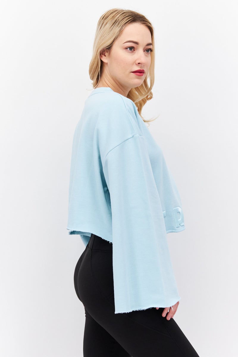 TRIBE OF 6 Women Crew Neck Long Sleeves Embroidered Logo Top, Turquoise - Image 3