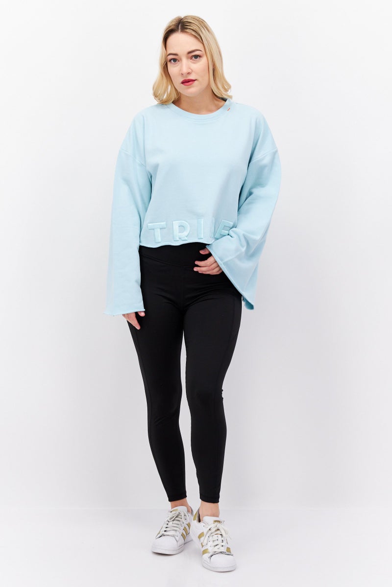 TRIBE OF 6 Women Crew Neck Long Sleeves Embroidered Logo Top, Turquoise - Image 2