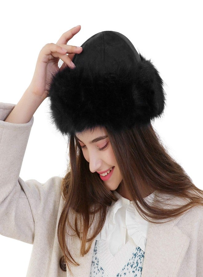 MioCloth Faux Fur Trimmed Beanie Hat Winter Warm Soft Classy Russian Hat for Women Girl Black - Image 2