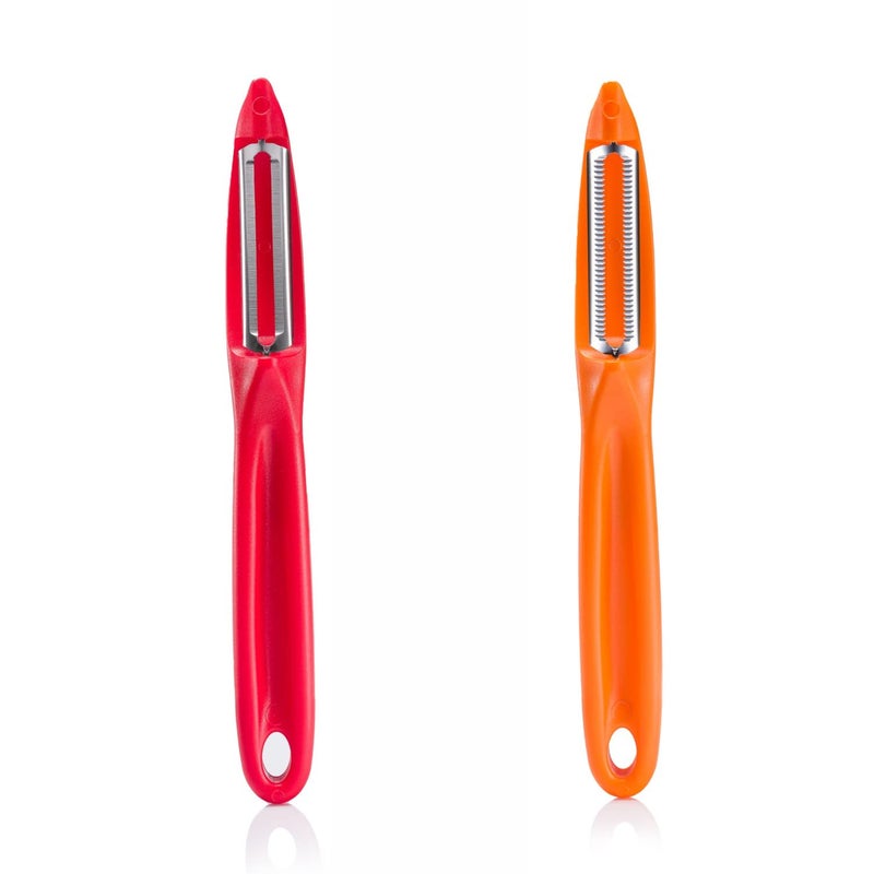 JAVA Universal Peeler || Stainless Steel Blade || Serrated and Regular Dual Edge Blade Kitchen Tool for Home and Professional Use || Pack of 2 Pieces Orange and Red Color - Image 1
