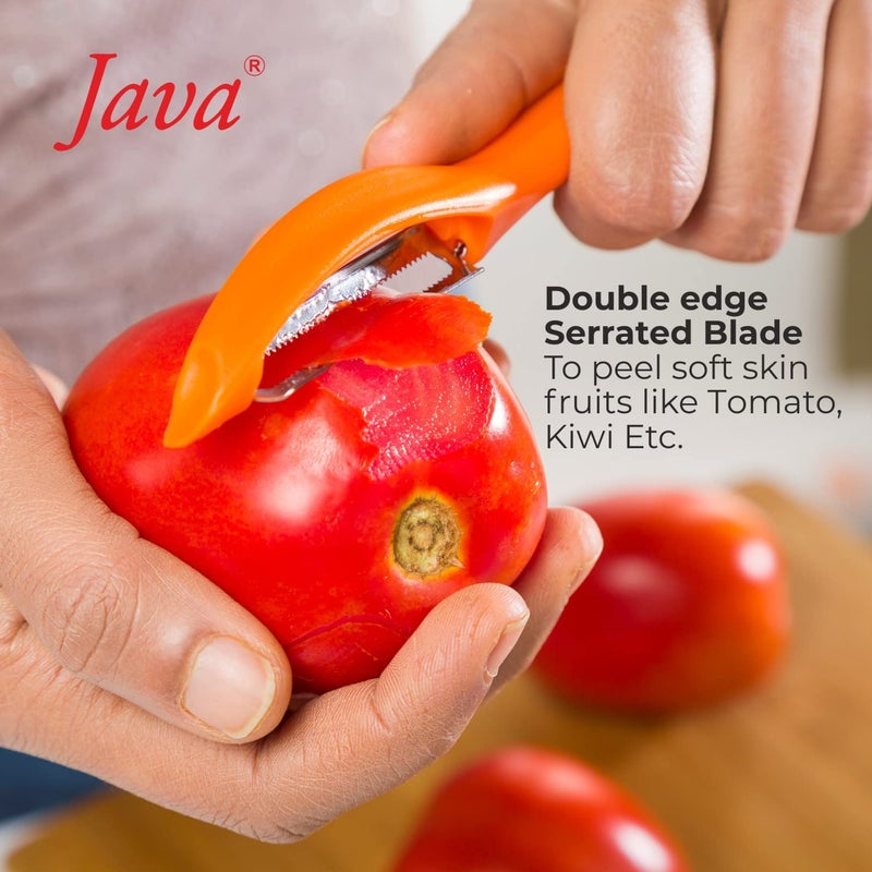 JAVA Universal Peeler || Stainless Steel Blade || Serrated and Regular Dual Edge Blade Kitchen Tool for Home and Professional Use || Pack of 2 Pieces Orange and Red Color - Image 2