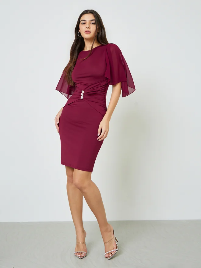 Styli Styli Burgundy Cape Overlay Bodycon Mini Dress