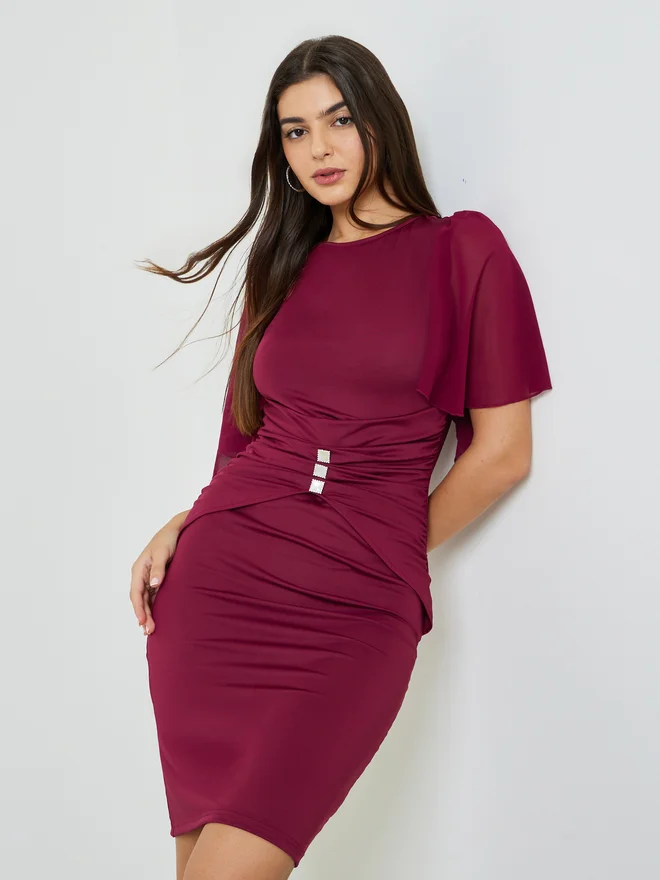 Styli Styli Burgundy Cape Overlay Bodycon Mini Dress