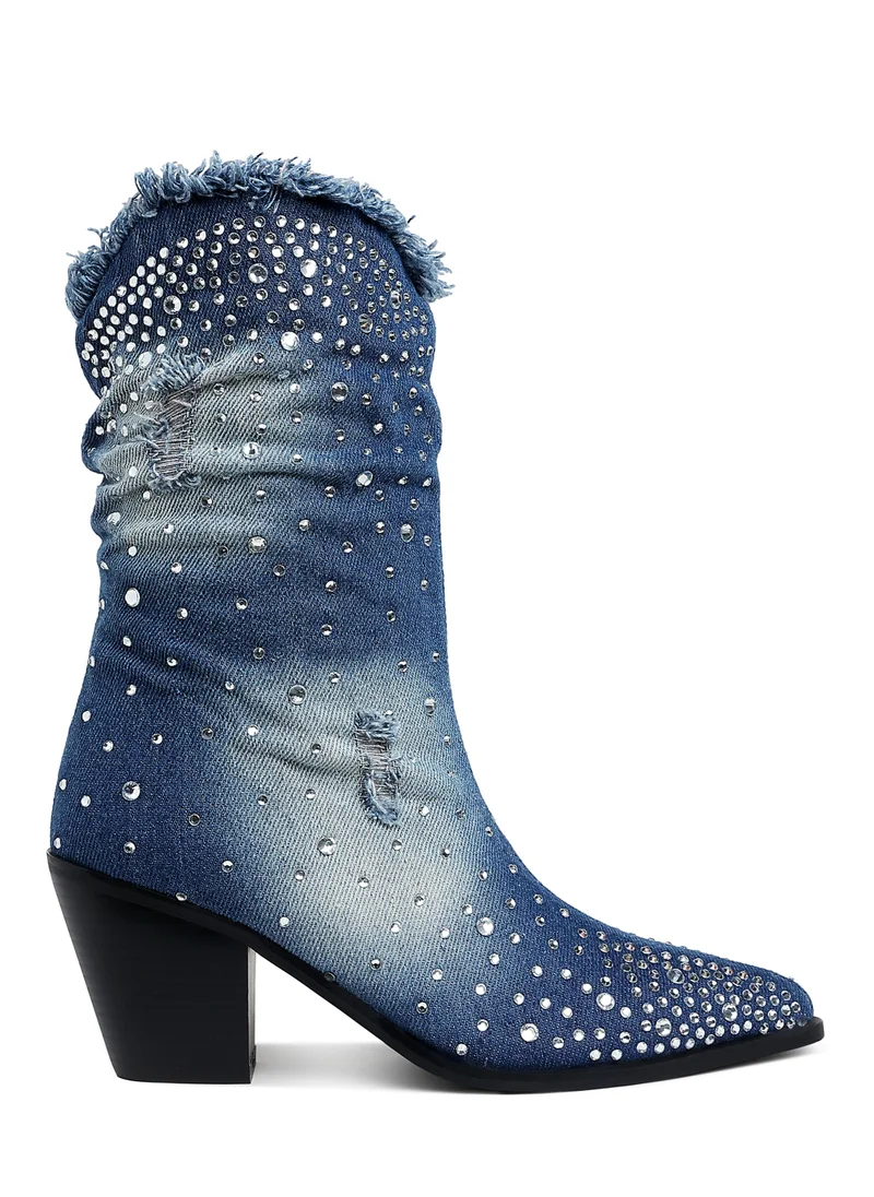 London Rag Diamante & Rhinestones Denim Boots in Dark Blue