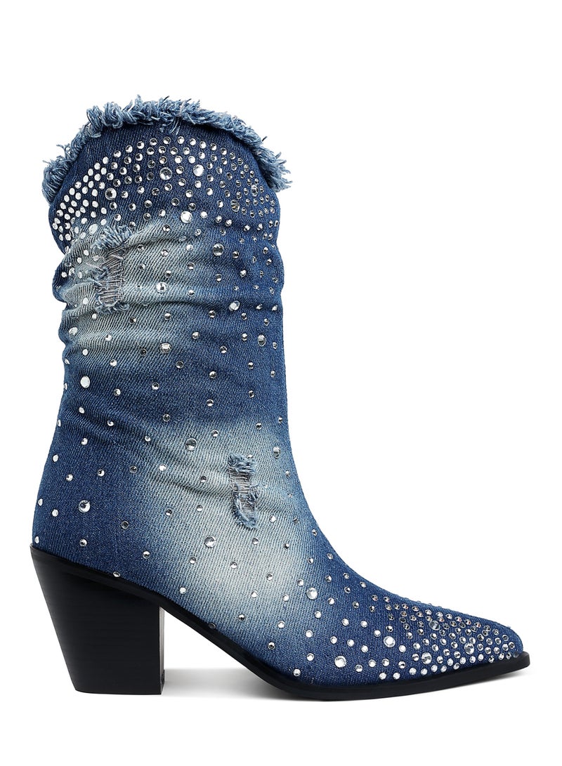 London Rag Diamante & Rhinestones Denim Boots in Dark Blue - Image 1