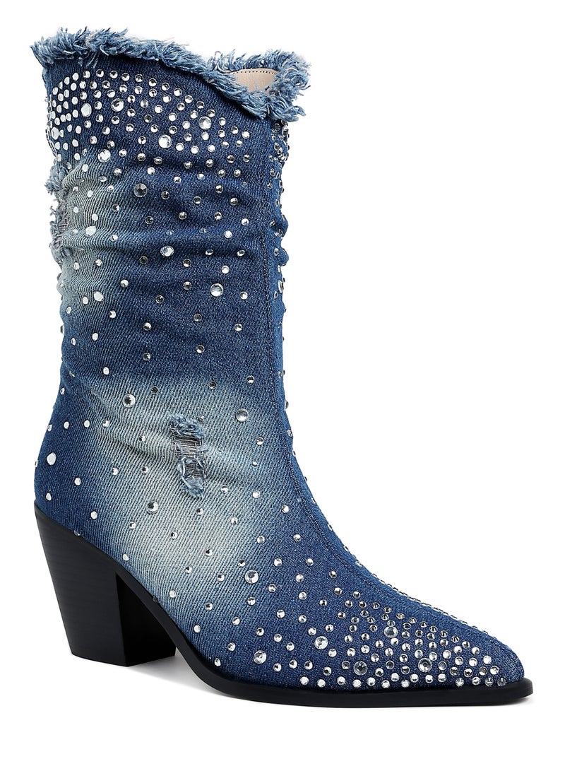 London Rag Diamante & Rhinestones Denim Boots in Dark Blue - Image 2