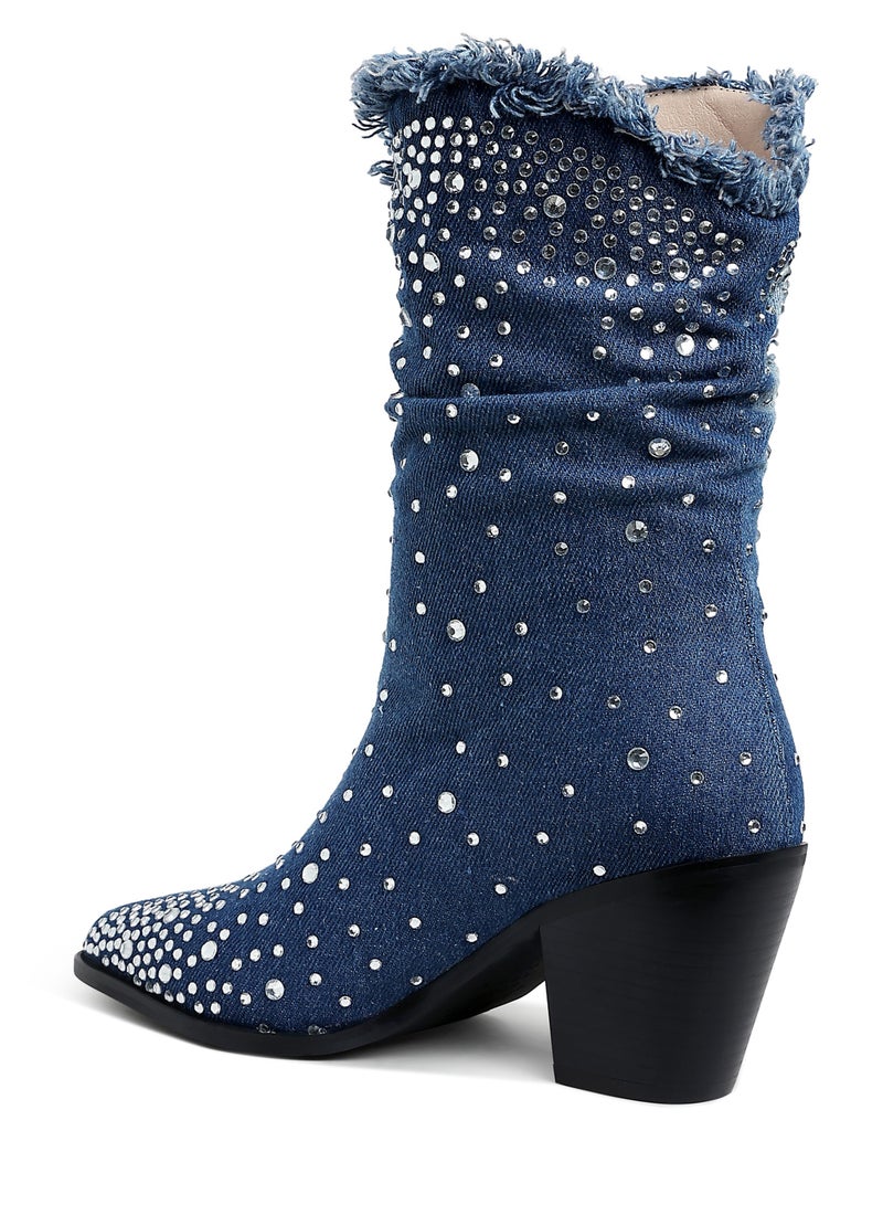 London Rag Diamante & Rhinestones Denim Boots in Dark Blue - Image 3