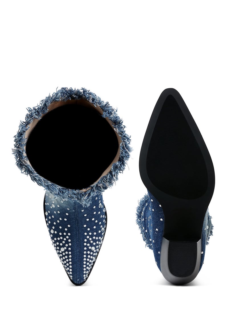 London Rag Diamante & Rhinestones Denim Boots in Dark Blue - Image 4