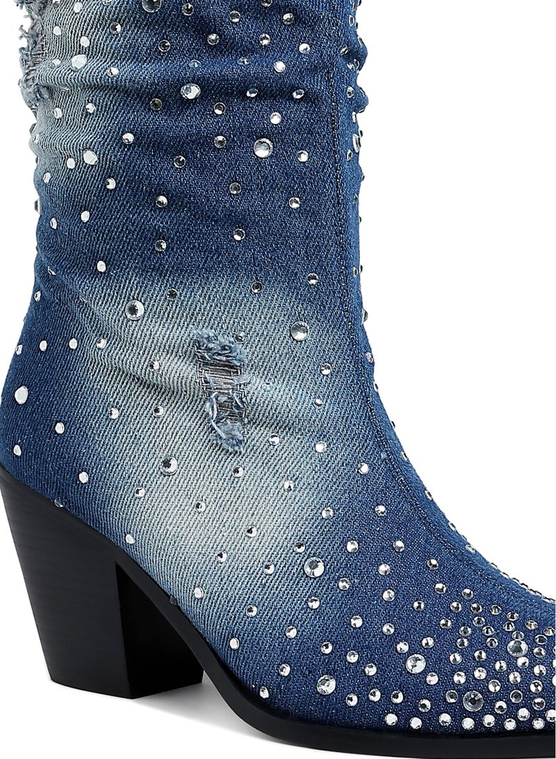 London Rag Diamante & Rhinestones Denim Boots in Dark Blue - Image 5