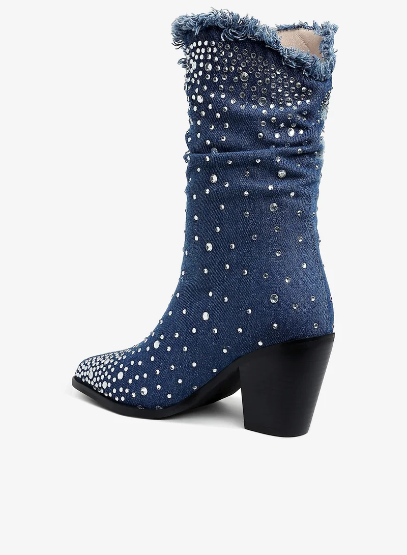 London Rag  Diamante & Rhinestones Denim Boots in Dark Blue for Women | Best Price UAE