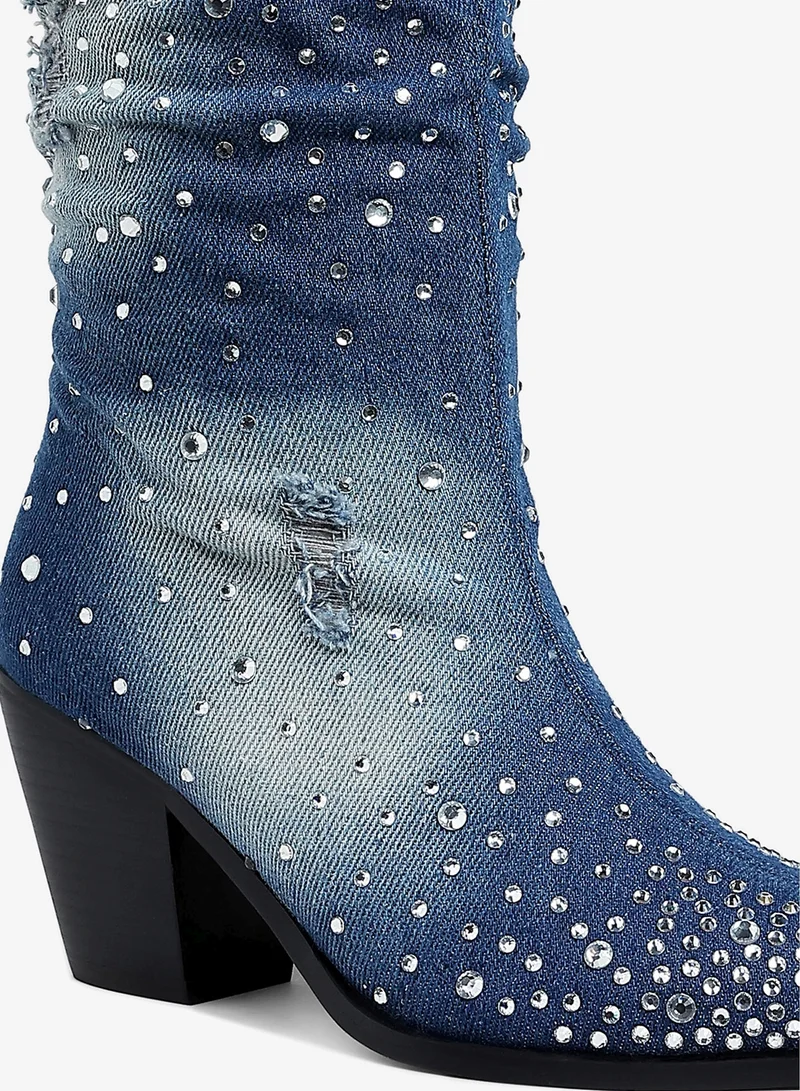 London Rag  Diamante & Rhinestones Denim Boots in Dark Blue for Women | Best Price UAE