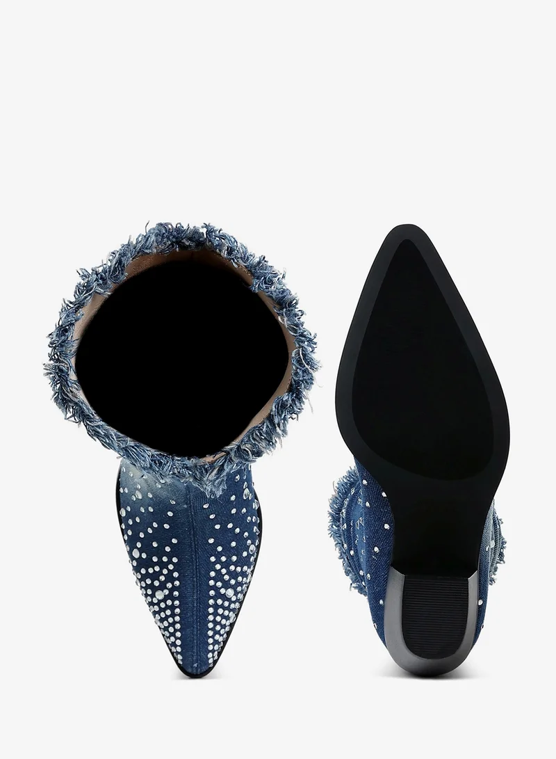 London Rag  Diamante & Rhinestones Denim Boots in Dark Blue for Women | Best Price UAE