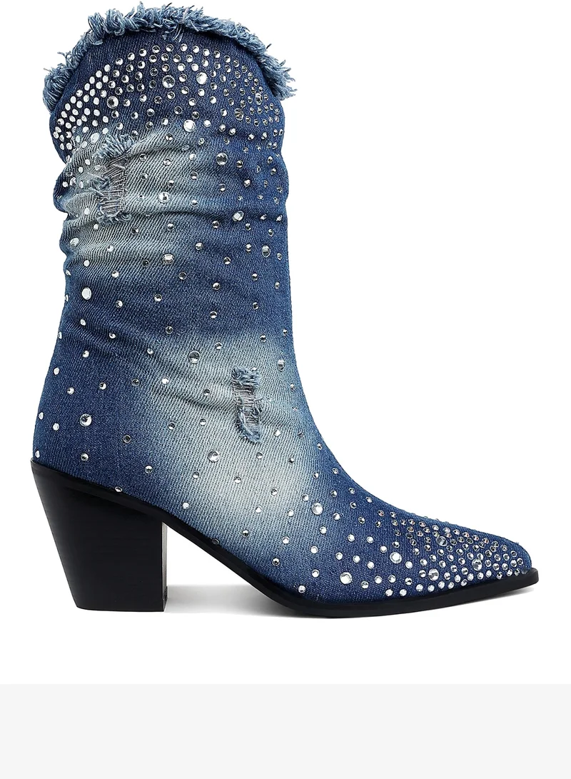 Diamante & Rhinestones Denim Boots in Dark Blue