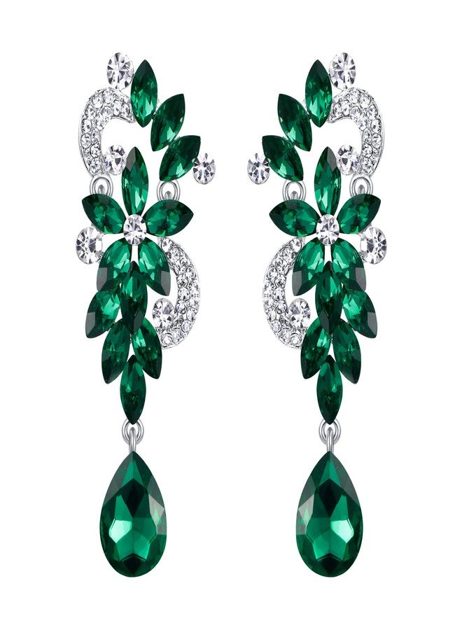 بريلوف أقراط بريلوف ليوم القديس باتريك للنساء، مناسبة لحفلات الزفاف، بتصميم بوهيمي أنيق، مزينة بثريا كريستالية على شكل زهرة دمعة، لون زمردي، لون فضي. - Image 1