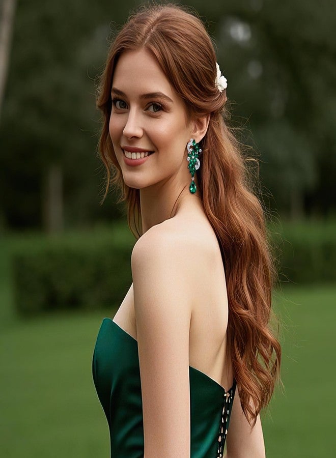 بريلوف أقراط بريلوف ليوم القديس باتريك للنساء، مناسبة لحفلات الزفاف، بتصميم بوهيمي أنيق، مزينة بثريا كريستالية على شكل زهرة دمعة، لون زمردي، لون فضي. - Image 2