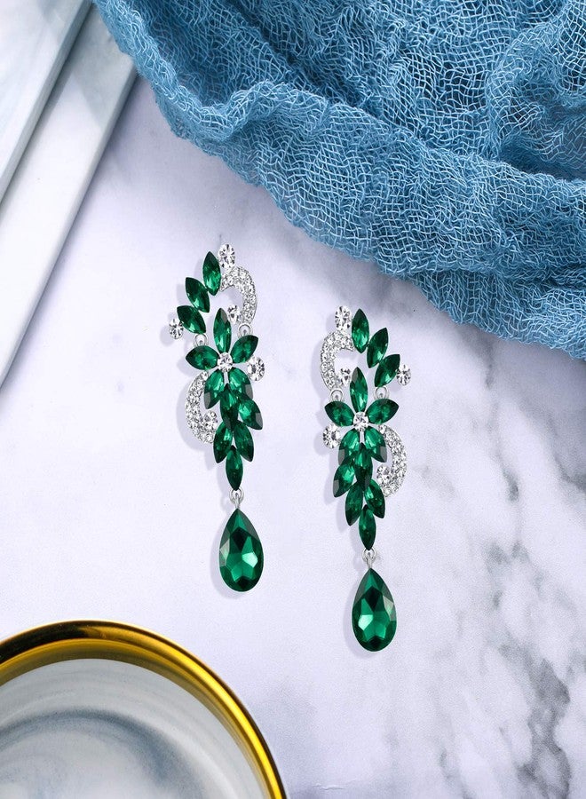 بريلوف أقراط بريلوف ليوم القديس باتريك للنساء، مناسبة لحفلات الزفاف، بتصميم بوهيمي أنيق، مزينة بثريا كريستالية على شكل زهرة دمعة، لون زمردي، لون فضي. - Image 5