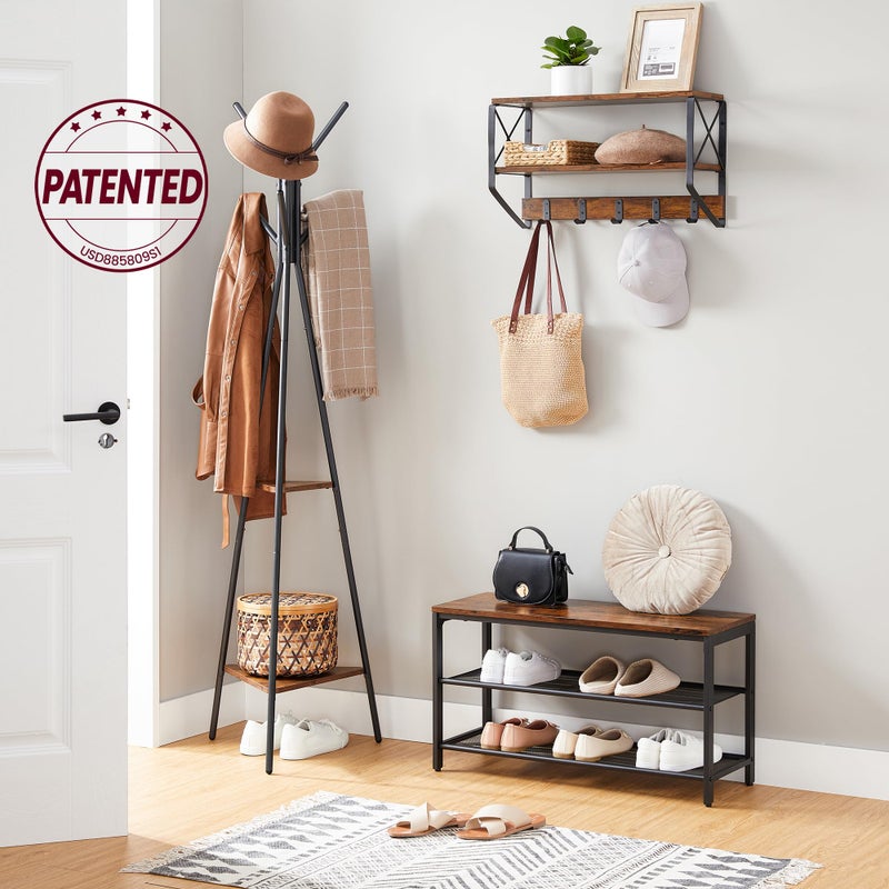 VASAGLE Coat Rack Freestanding, Coat Hanger Stand, Hall Tree with 2 Shelves, for Clothes, Hat, Bag, Industrial Style, Rustic Brown and Black URCR16BX - Image 2