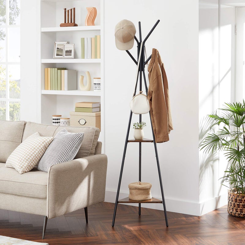 VASAGLE Coat Rack Freestanding, Coat Hanger Stand, Hall Tree with 2 Shelves, for Clothes, Hat, Bag, Industrial Style, Rustic Brown and Black URCR16BX - Image 3