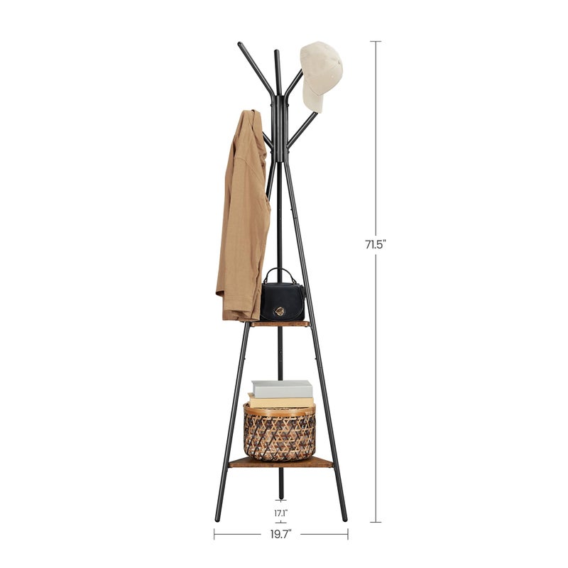 VASAGLE Coat Rack Freestanding, Coat Hanger Stand, Hall Tree with 2 Shelves, for Clothes, Hat, Bag, Industrial Style, Rustic Brown and Black URCR16BX - Image 5
