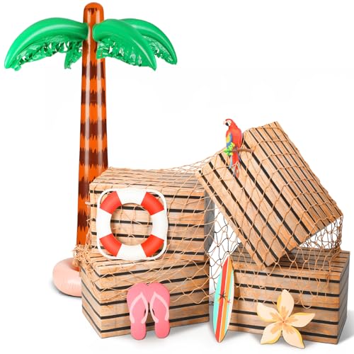 Jellyarch 10 Pcs Inflatable Palm Tree Set Giant Blow up Palm Tree Fake Wooden Boxes Natural Fishing Net Luau Party Decorations Hawaiian Tropical Birthday Party Decorations for Beach Ocean Jungle Decor - Image 1