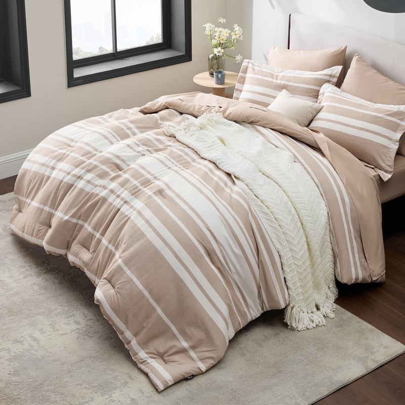 Bedsure Queen Size Comforter Set 7 Pieces Bed in a Bag, Cationic Dyeing, Reversible, Bedding Set for All Seasons with 1 Comforter (230 cm x 230 cm), 1 Fitted Sheet (150 cm x 203 cm) with 35 cm Deep Pocket,  1 Flat Sheet (229 cm x 260 cm) , 2 Pillowcases (50 cm x 90 cm) & 2 Pillow Shams (50 cm x 66 cm), Light Camel Striped - Image 3