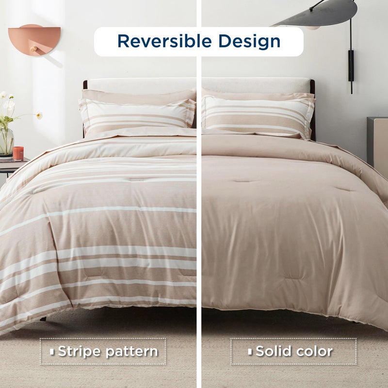 Bedsure Queen Size Comforter Set 7 Pieces Bed in a Bag, Cationic Dyeing, Reversible, Bedding Set for All Seasons with 1 Comforter (230 cm x 230 cm), 1 Fitted Sheet (150 cm x 203 cm) with 35 cm Deep Pocket,  1 Flat Sheet (229 cm x 260 cm) , 2 Pillowcases (50 cm x 90 cm) & 2 Pillow Shams (50 cm x 66 cm), Light Camel Striped - Image 4
