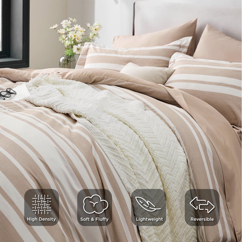 Bedsure Queen Size Comforter Set 7 Pieces Bed in a Bag, Cationic Dyeing, Reversible, Bedding Set for All Seasons with 1 Comforter (230 cm x 230 cm), 1 Fitted Sheet (150 cm x 203 cm) with 35 cm Deep Pocket,  1 Flat Sheet (229 cm x 260 cm) , 2 Pillowcases (50 cm x 90 cm) & 2 Pillow Shams (50 cm x 66 cm), Light Camel Striped - Image 5