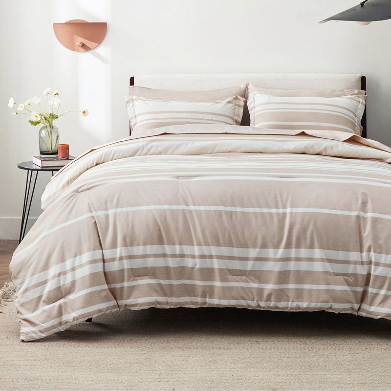 Bedsure Queen Size Comforter Set 7 Pieces Bed in a Bag, Cationic Dyeing, Reversible, Bedding Set for All Seasons with 1 Comforter (230 cm x 230 cm), 1 Fitted Sheet (150 cm x 203 cm) with 35 cm Deep Pocket,  1 Flat Sheet (229 cm x 260 cm) , 2 Pillowcases (50 cm x 90 cm) & 2 Pillow Shams (50 cm x 66 cm), Light Camel Striped - Image 2