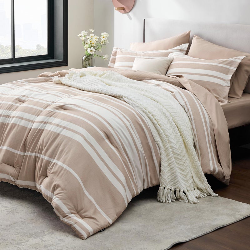 Bedsure Queen Size Comforter Set 7 Pieces Bed in a Bag, Cationic Dyeing, Reversible, Bedding Set for All Seasons with 1 Comforter (230 cm x 230 cm), 1 Fitted Sheet (150 cm x 203 cm) with 35 cm Deep Pocket,  1 Flat Sheet (229 cm x 260 cm) , 2 Pillowcases (50 cm x 90 cm) & 2 Pillow Shams (50 cm x 66 cm), Light Camel Striped - Image 1